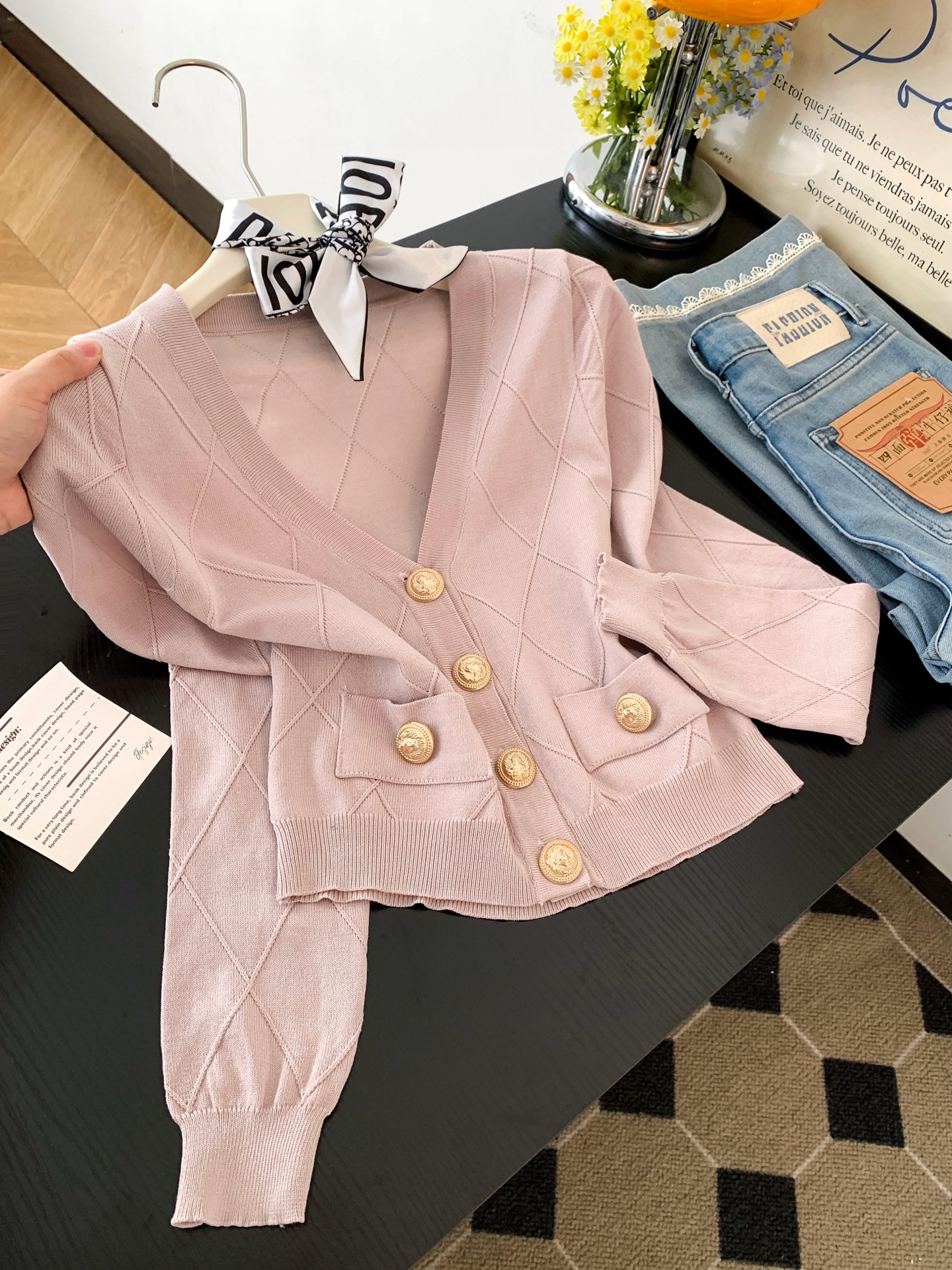 Women's Quilted Textured Long Sleeve Knit Cropped Cardigan with Metal Double-Breasted Closure and Waist-Baring Slim Fit
