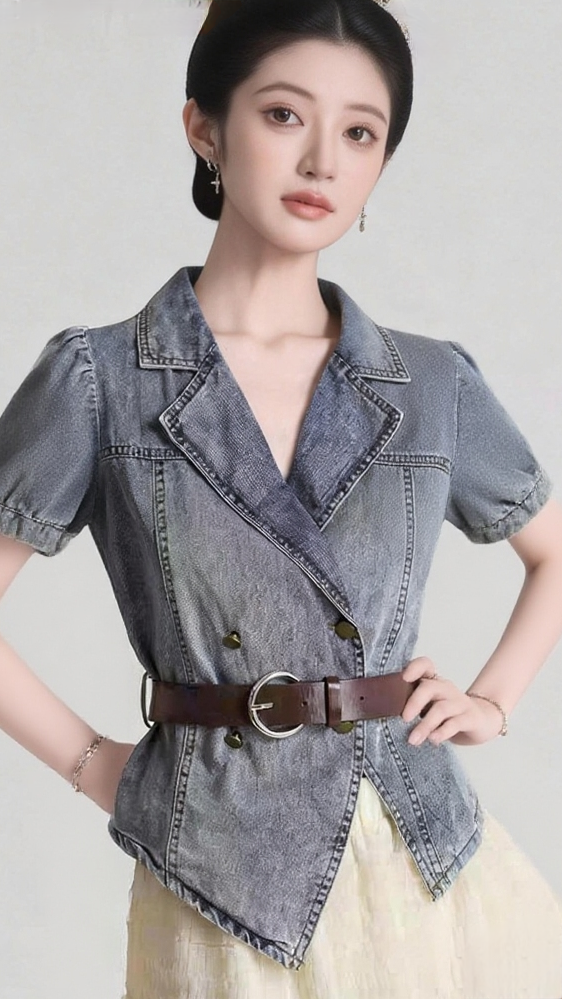 Women's Retro Asymmetric Denim Short Sleeve Blazer Top with Belt and Puff Sleeves
