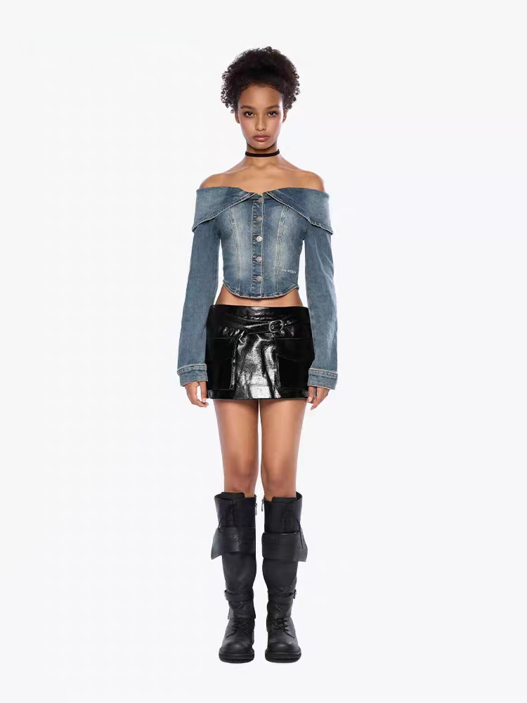 Women's Sexy Off-Shoulder Blue Denim Short Jacket Spring 2026