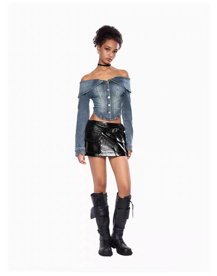 Women's Sexy Off-Shoulder Blue Denim Short Jacket Spring 2026 - Image 3