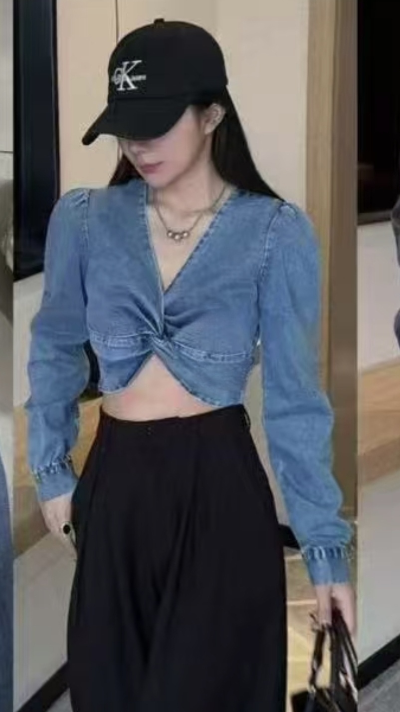 Women's Sexy V-Neck Knotted Denim Shirt Short Top with Puff Long Sleeves