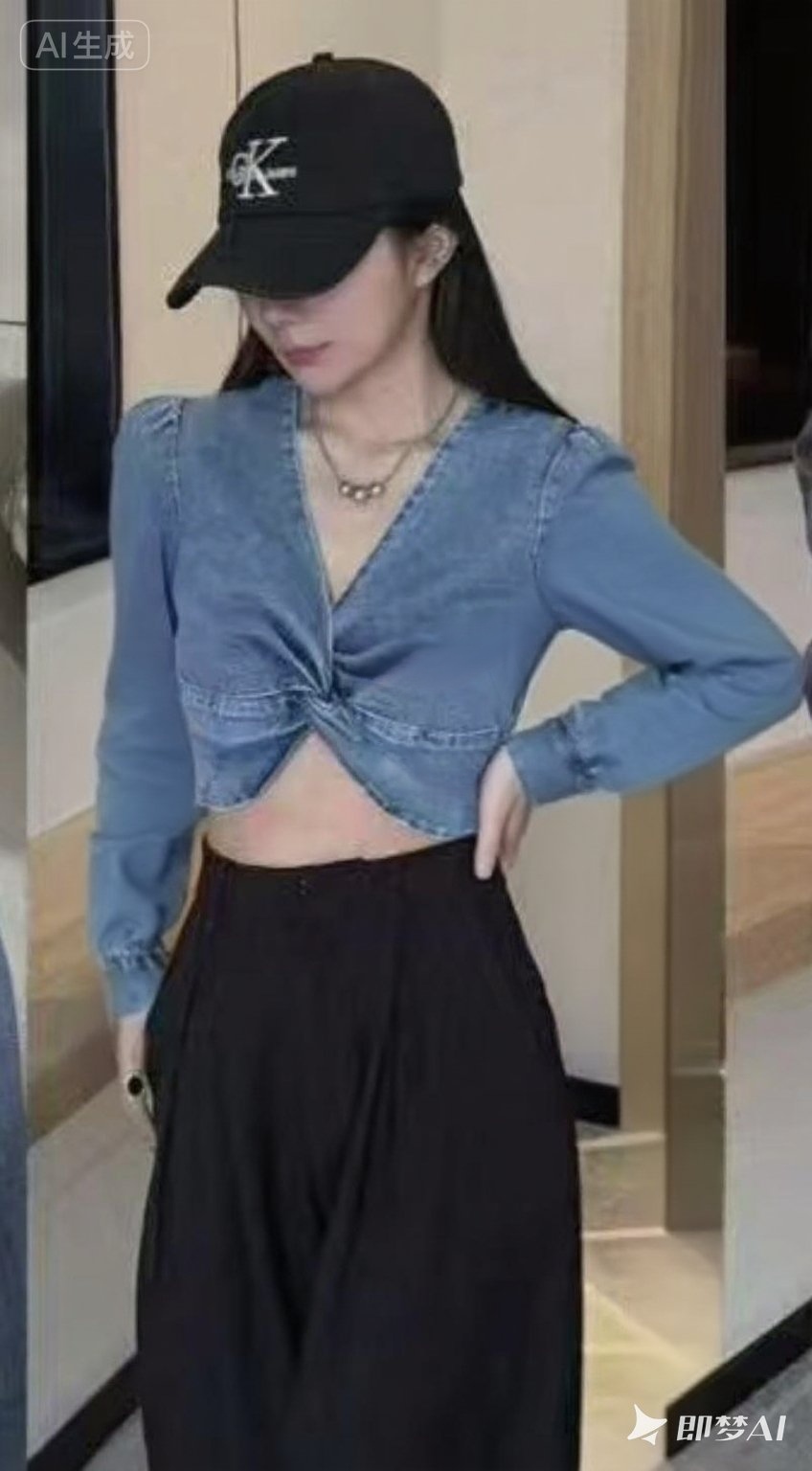 Women's Sexy V-Neck Knotted Denim Shirt Short Top with Puff Long Sleeves - Image 3
