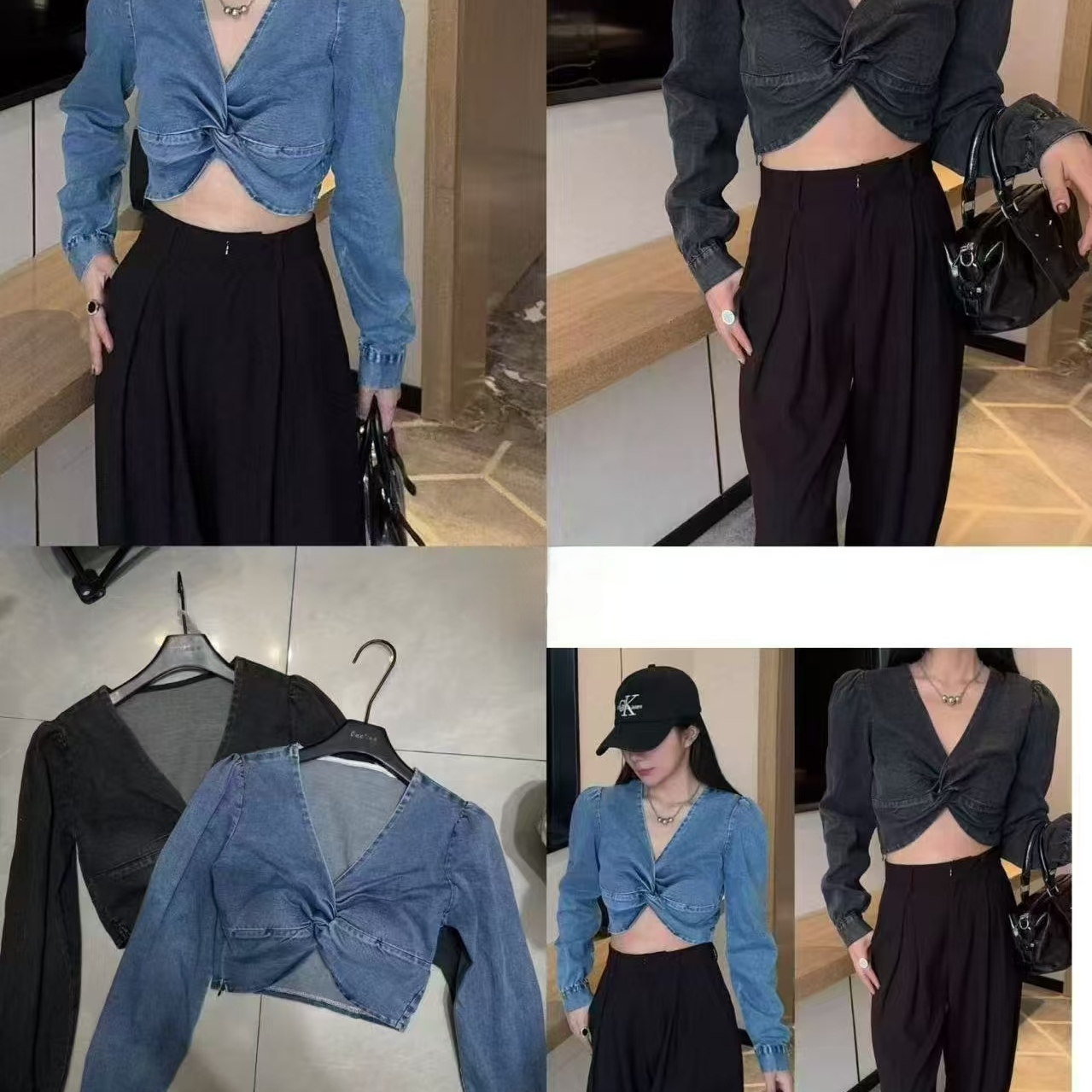 Women's Sexy V-Neck Knotted Denim Shirt Short Top with Puff Long Sleeves - Image 5