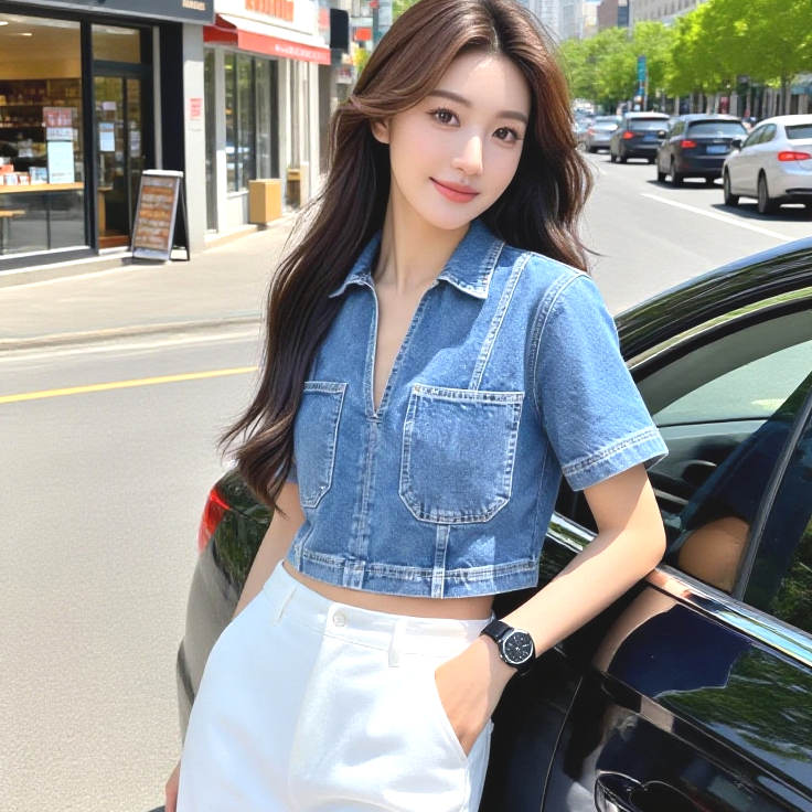 Women's Short Denim Top with Lapel Collar and Side Zipper