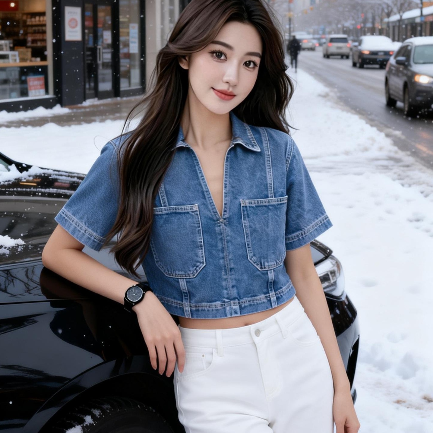 Women's Short Denim Top with Lapel Collar and Side Zipper - Image 4
