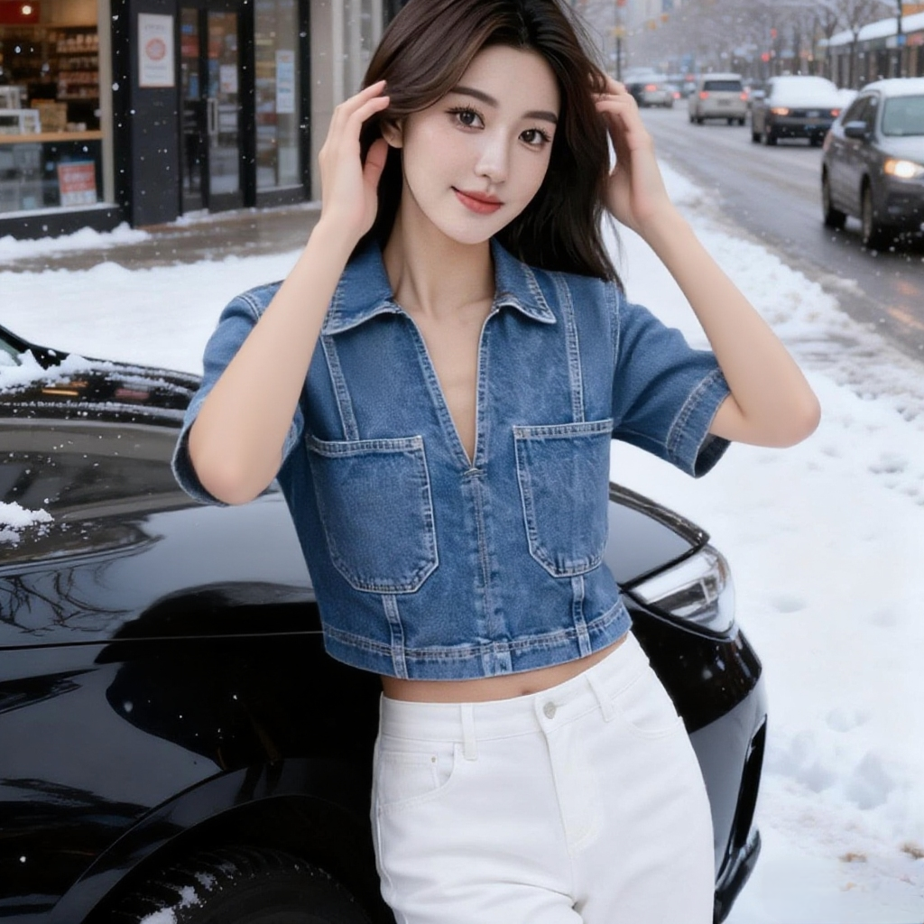 Women's Short Denim Top with Lapel Collar and Side Zipper - Image 5