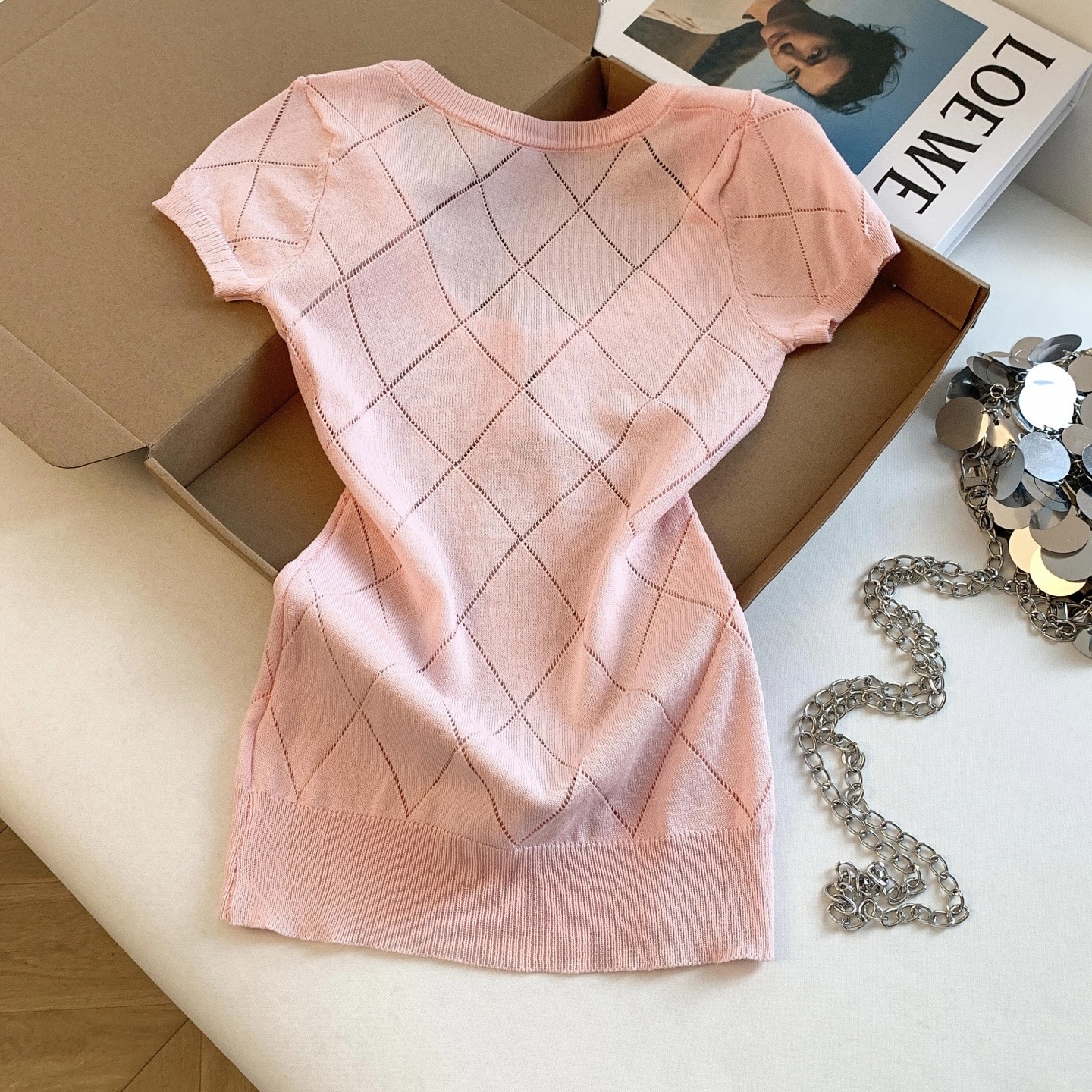 Women's Summer Argyle Cutout U-Neck Short Sleeve Knit Top Slimming Design T-Shirt - Image 5