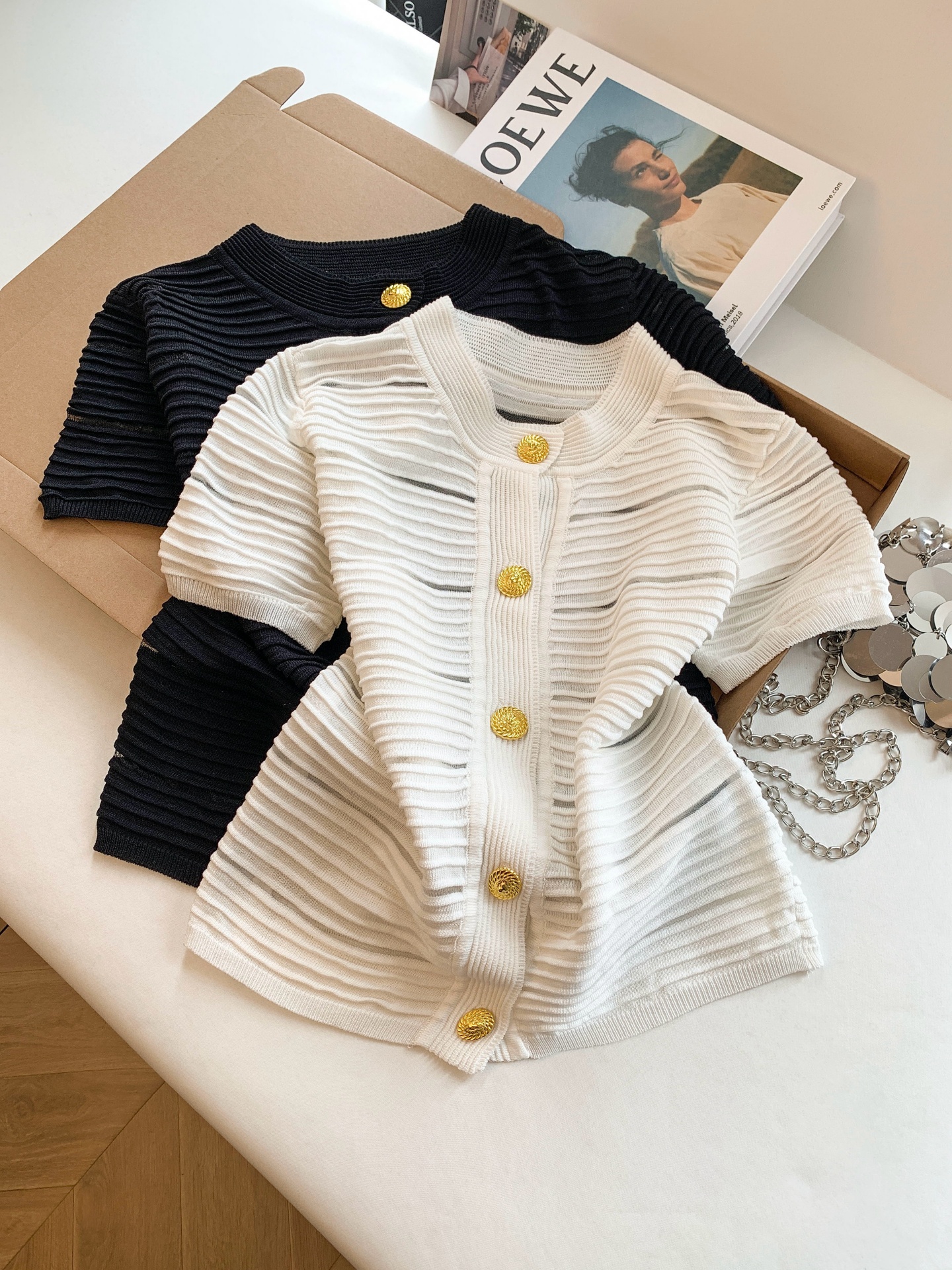 Women's Textured Knit Top with Round Neck and Button Detail