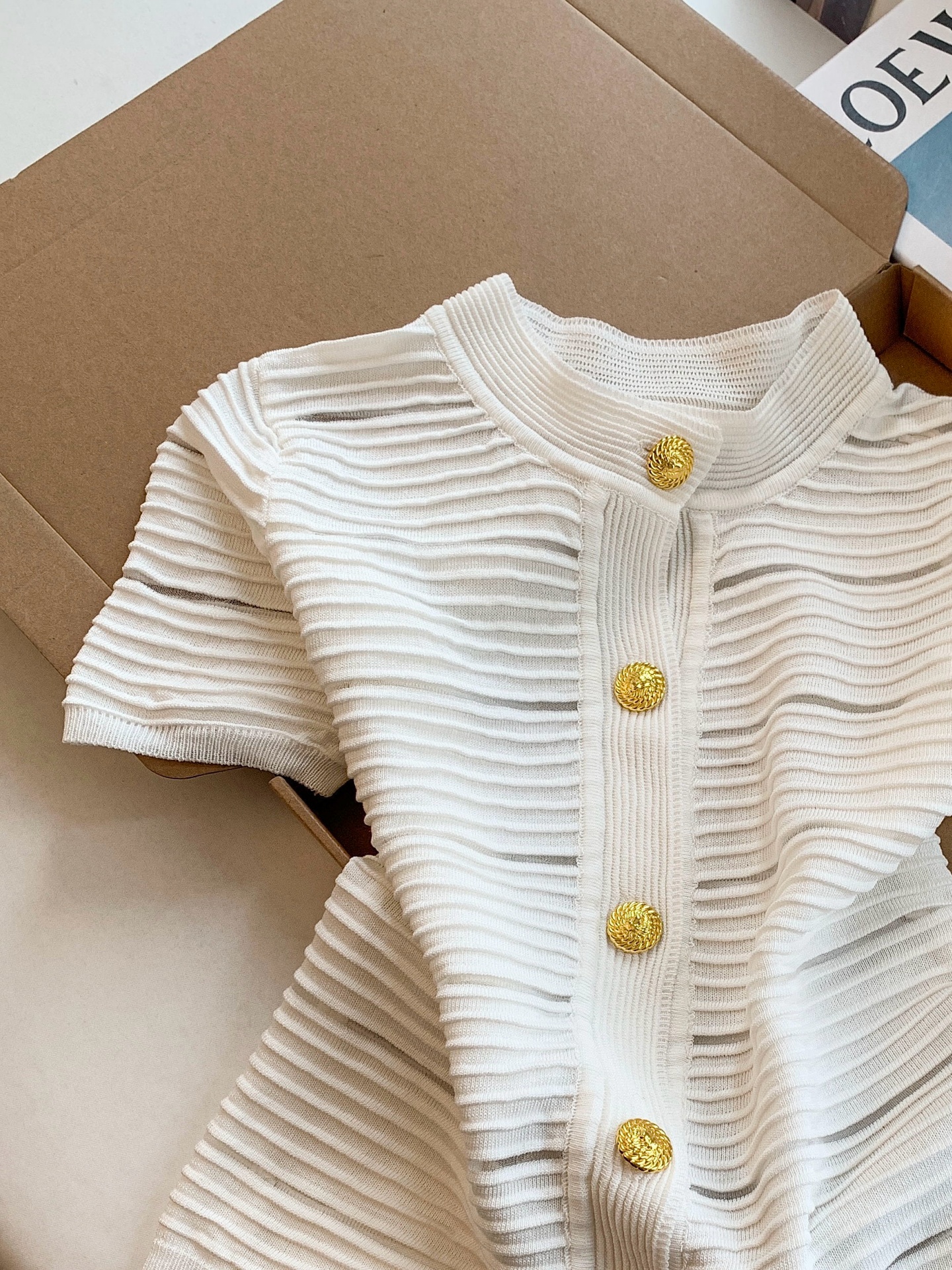 Women's Textured Knit Top with Round Neck and Button Detail - Image 4